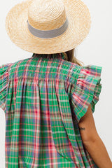 Plaid Check Flutter Button Up With Smocked Yoke