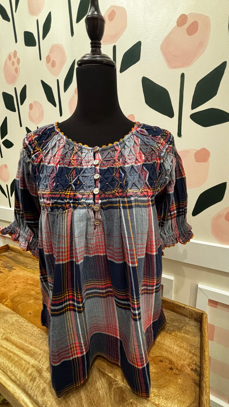 Navy smocked neck top