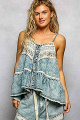 Double Gauze Denim Lace Patch Outseam Round Neck Sleeveless