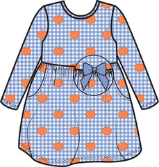 Girls Pumpkin Patch Gingham Knit Long Sleeve Twirl Dress