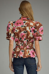 Pink and brown floral tie front shirt
