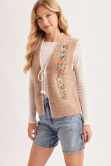 VINTAGE EMBROIDERED SELF-TIE FRONT KNIT VEST