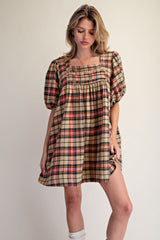 Bubble sleeve plaid dress