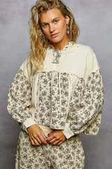Vintage Washing Double Gauze Floral Printed Hoodie Top with matching pants