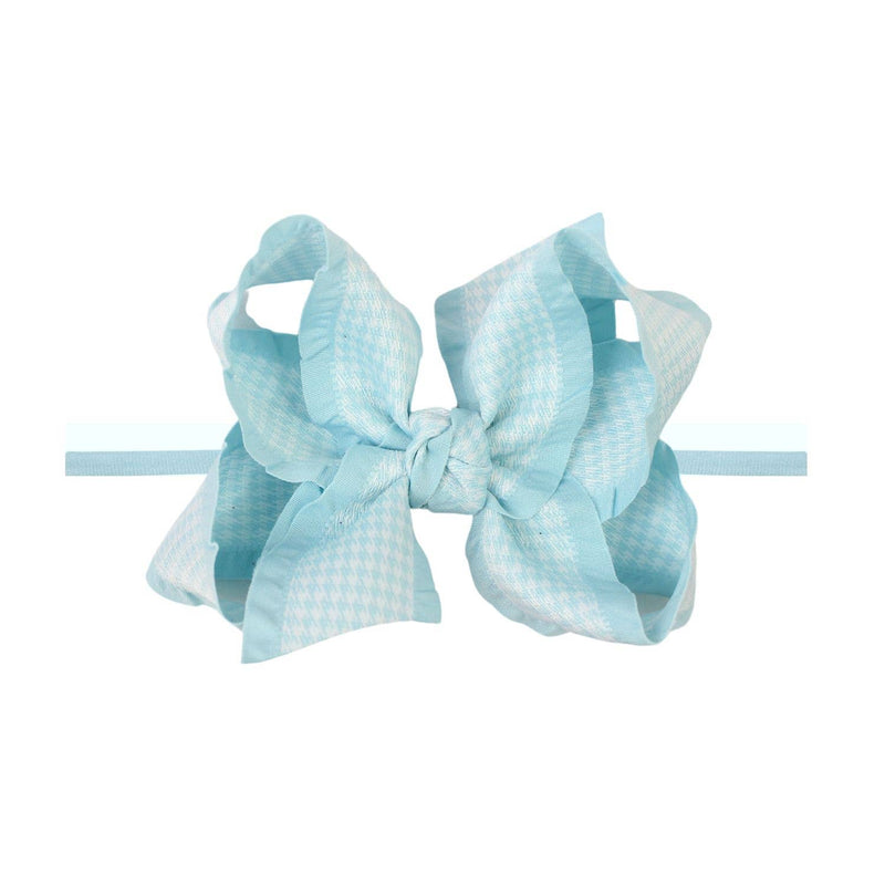 1/4" PANTYHOSE HEADBAND W/ DOUBLE RUFFLE HOUNDSTOOTH BOW: Light Blue / 3.5" Medium