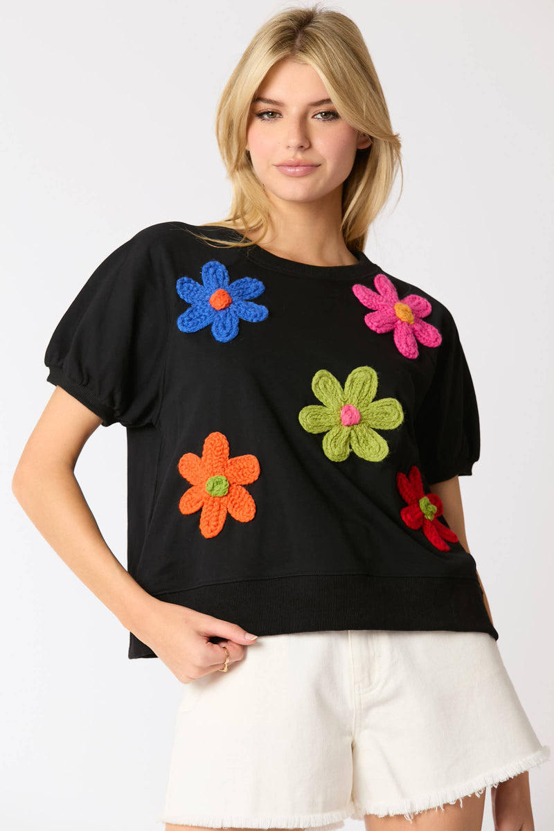 Multi Color Flower Trim Short Puff Sleeve Top