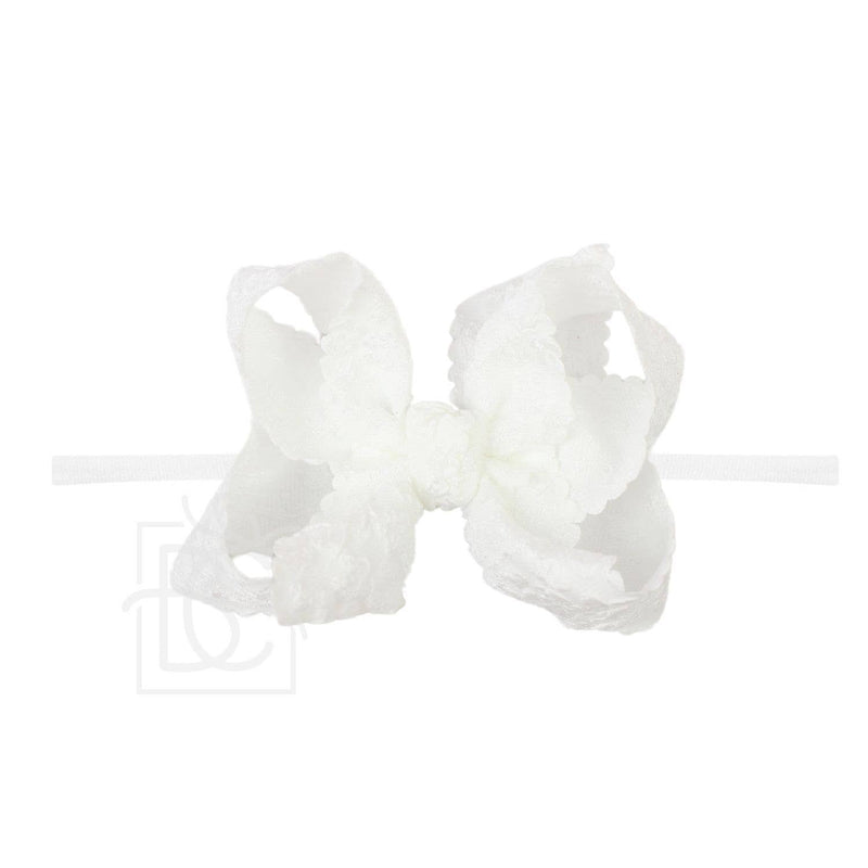 1/4" PANTYHOSE HEADBAND W/ SCALLOPED EDGE LACE FLOWER BOW: 3.5" Medium