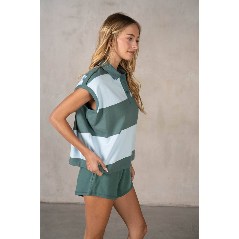 Classic Collared Slouchy Sleeveless Yarn-Dye Stripe Jersey T
