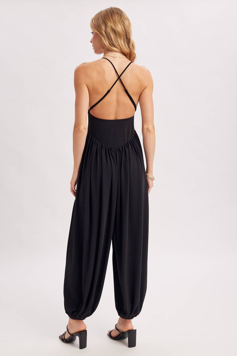 V-NECK RELAXED FLOWY LEGS JUMPSUIT CRISS-CROSS OPEN BACK