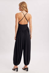 V-NECK RELAXED FLOWY LEGS JUMPSUIT CRISS-CROSS OPEN BACK