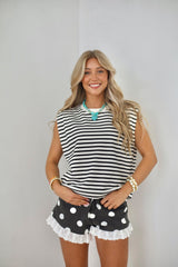 Black and white dot ruffle denim shorts