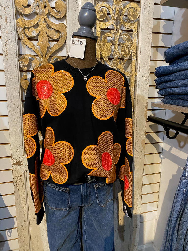 QOS Black/Gold/Orange flower sweater