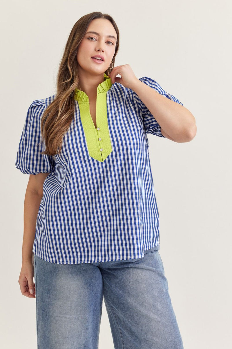 Blue gingham mix top (plus only)
