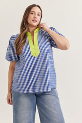 Blue gingham mix top (plus only)