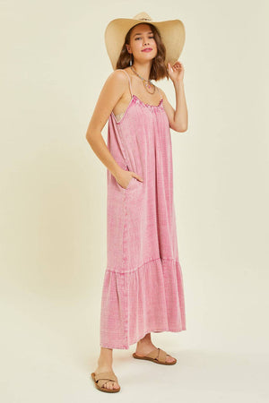 MINERAL-WASHED GAUZE MIDI DRESS WITH POCKETS: FUCHSIA