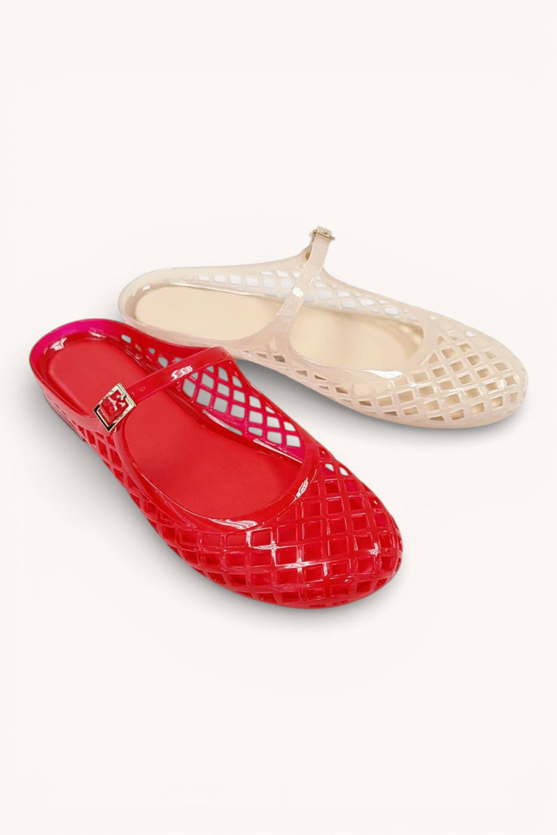 TRENDY LATTICE JELLY MARY JANE STRAP SLIDE FLAT SLIP: CLEAR