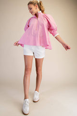 Mock Neck Band Puff Sleeve Blouse