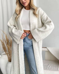 Elegant Collarless Open Front Long Cardigan: WhiteGrey