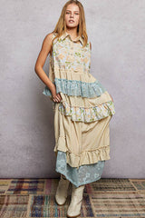 Shirt Neck Crochet Floral Lace Ruffle Rayon Maxi Dress