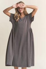 Casual V Neck Pleated Design Midi Dress