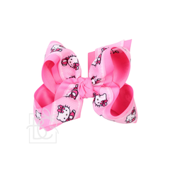 LAYERED KITTY PRINT HAIR BOW ON ALLIGATOR CLIP : Hot Pink / 4.5" Large