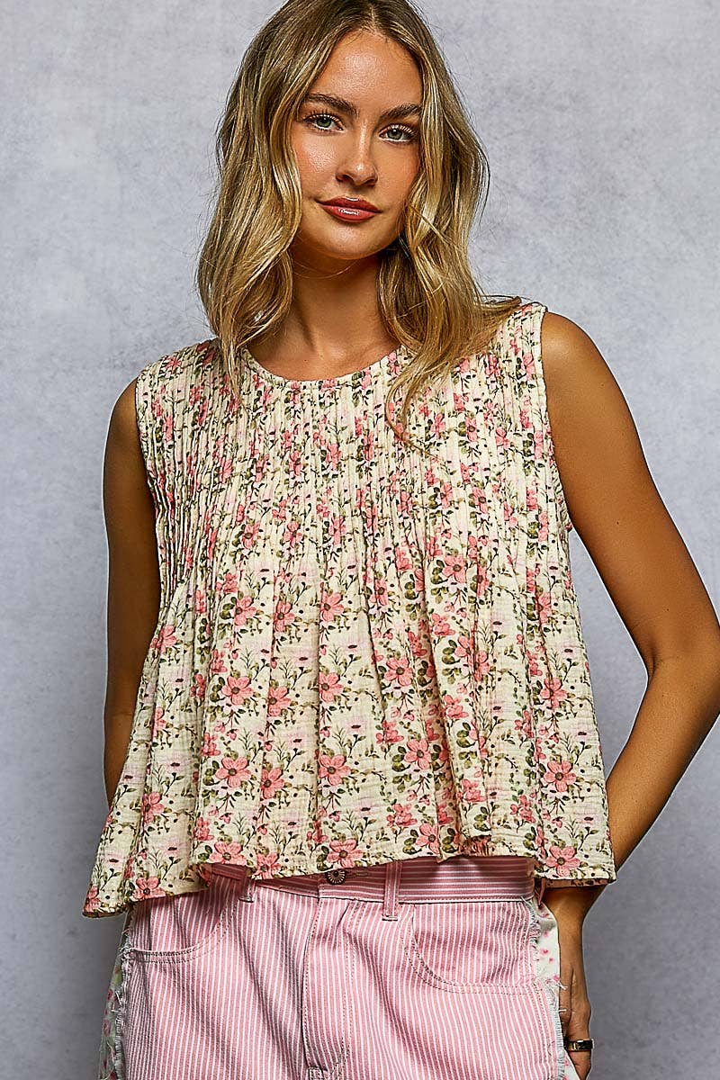 Round Neck Double Gauze Pintuck Floral Sleeveless Top