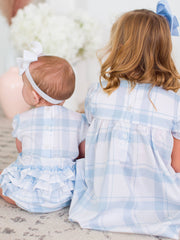 Girls Light Blue Windowpane Stripe Puff Sleeve Smocked Dress