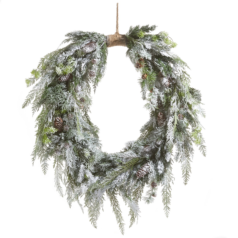 36” flocked oval cedar/pinecone wreath