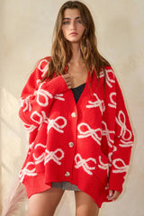 Oversized Ribbon Pullover Sweater Cardigan: CREAM/PINK