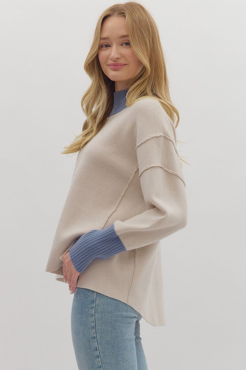 2 tone ecru/light blue sweater