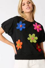 Multi Color Flower Trim Short Puff Sleeve Top