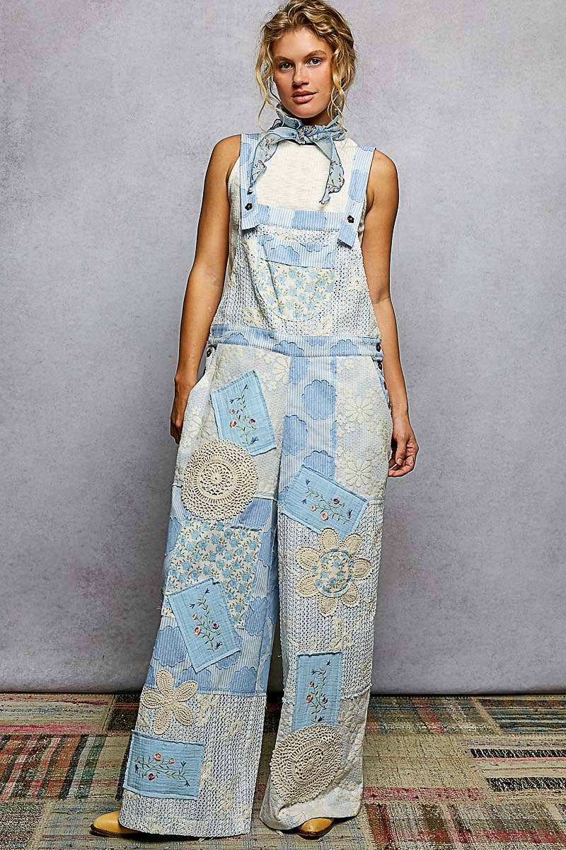 Floral Patch Stitch Detail Wide Leg Woven Overalls