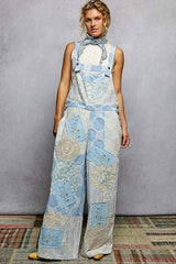 Floral Patch Stitch Detail Wide Leg Woven Overalls