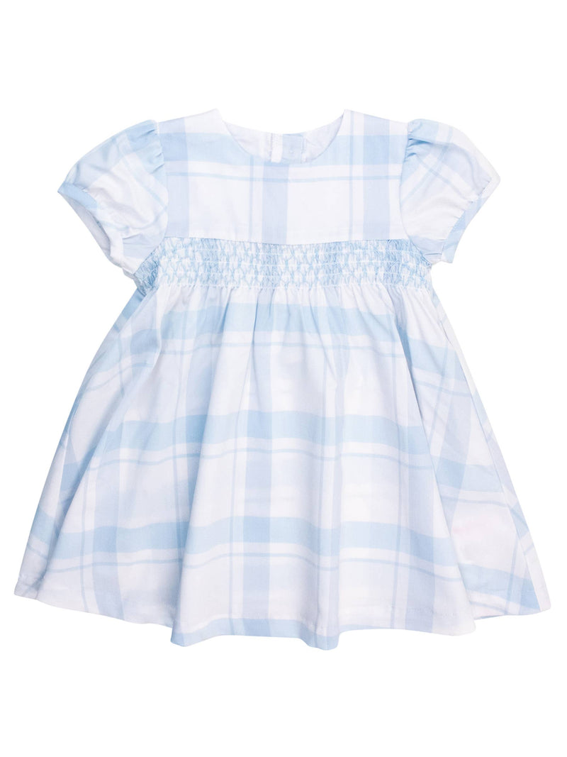 Girls Light Blue Windowpane Stripe Puff Sleeve Smocked Dress