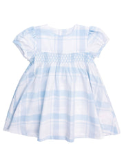 Girls Light Blue Windowpane Stripe Puff Sleeve Smocked Dress