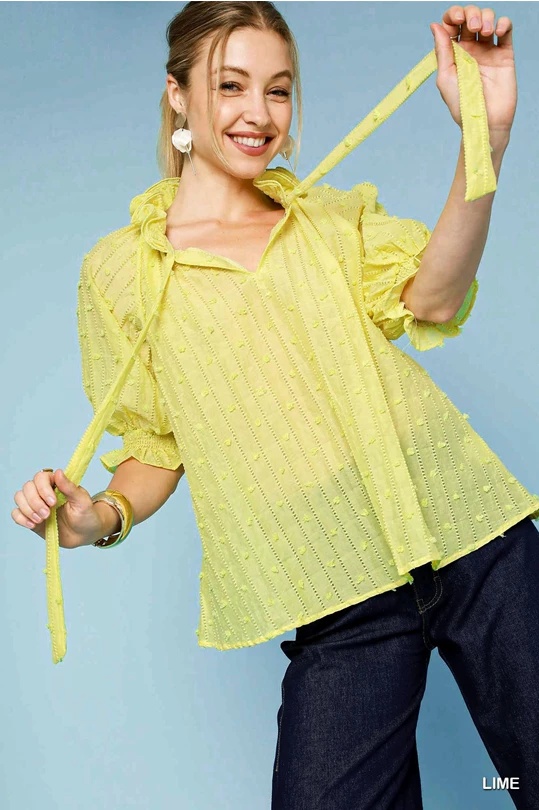 Swiss Dot ruffled collar top