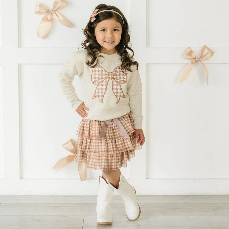 Gingham Bow Patch Sweatshirt - Natural - Girls Clothes: 10