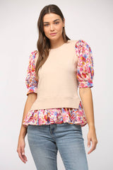 CONTRAST WOVEN SLV & HEM CREW NECK SWEATER