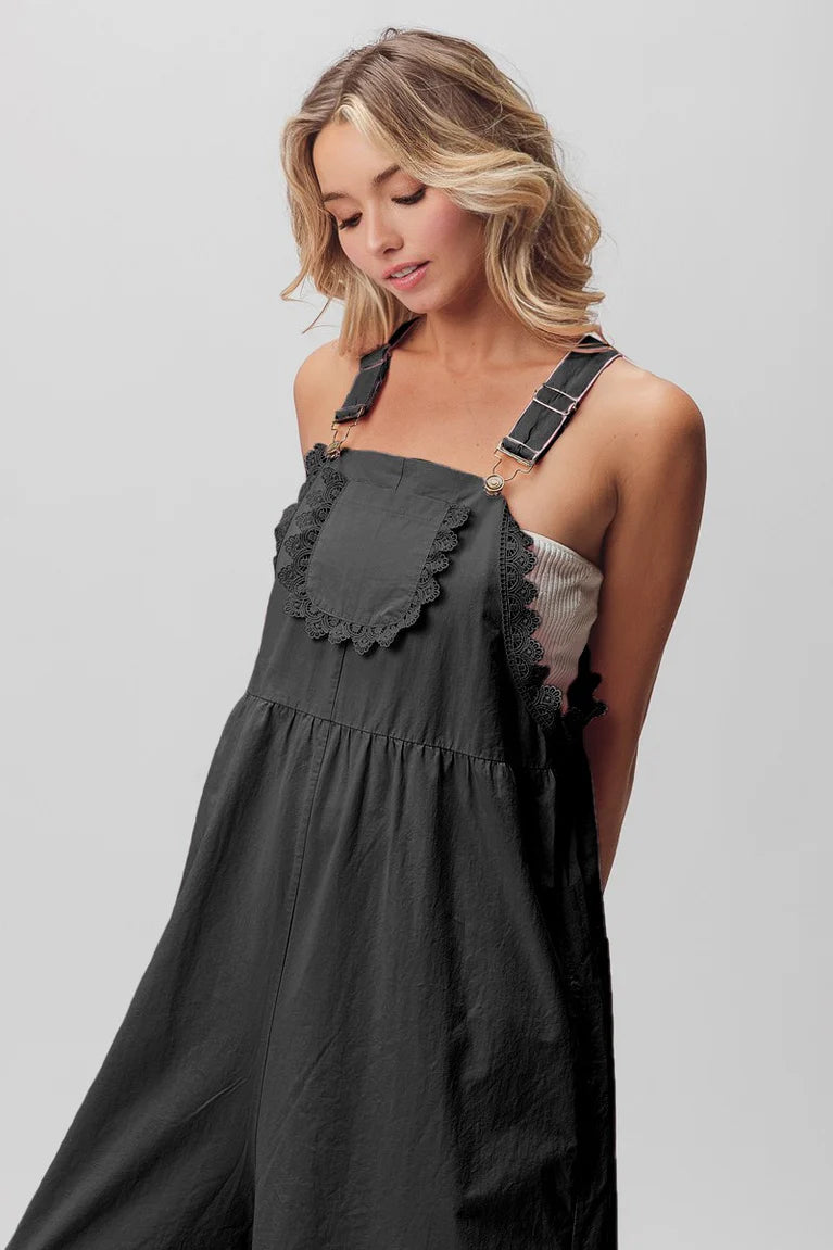 Lace edge detailed wide leg overalls