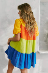 Color Block Tiered Shirt Dress: ORANGE MULTI