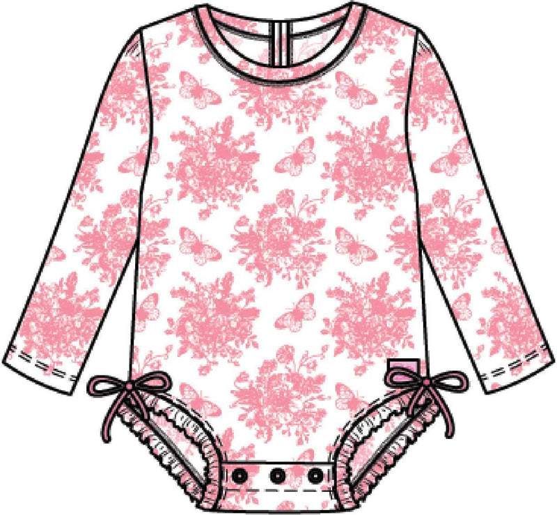 Baby Girls Bubblegum Pink Butterfly Garden Toile One Piece Rash Guard