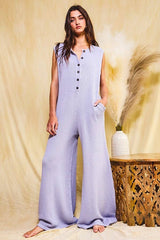 Wide Leg Button-up Loose Fit Solid Sweater Jumpsuit