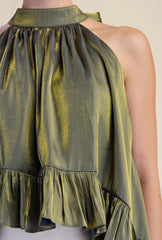 Ruffle halter with bow back neck tie
