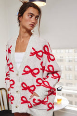 Oversized Ribbon Pullover Sweater Cardigan: CREAM/PINK