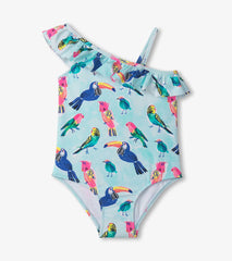 Tropical birds ruffle trim swimsuit