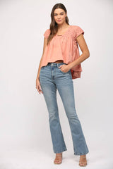 SHIRRED DETAIL SIDE TIE CAP SLV TOP-CORAL PINK