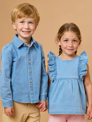 Boys Light Wash Stretch Denim Long Sleeve Button Down Shirt