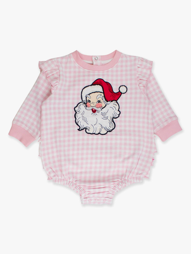 Baby Girls Dear Santa Pink Gingham Applique Sweatshirt Bubble Romper