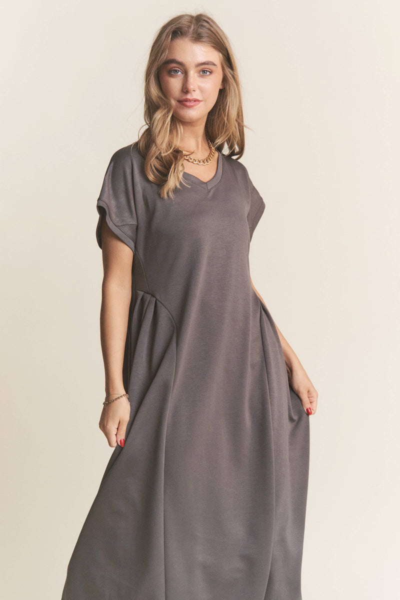 Casual V Neck Pleated Design Midi Dress