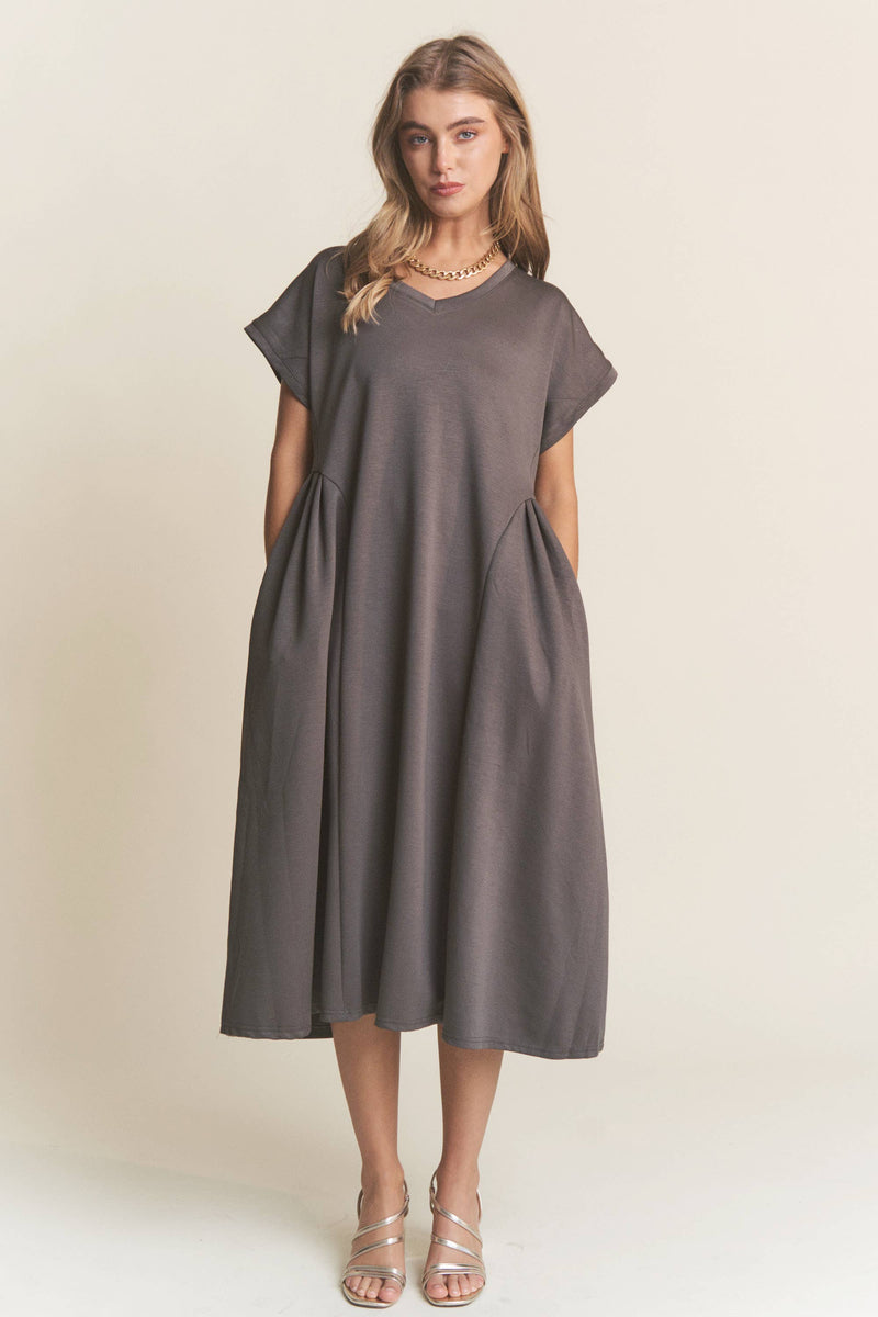 Casual V Neck Pleated Design Midi Dress